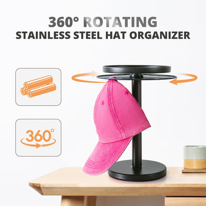 kondyfayo 360° Rotating Hat Organizer for Baseball Caps, Stainless Steel Hat Rack Holder with Top Storage Tray for Small Essentials, Ball Cap Storage Organizer for Closet, Entryway, Display (M-Black)