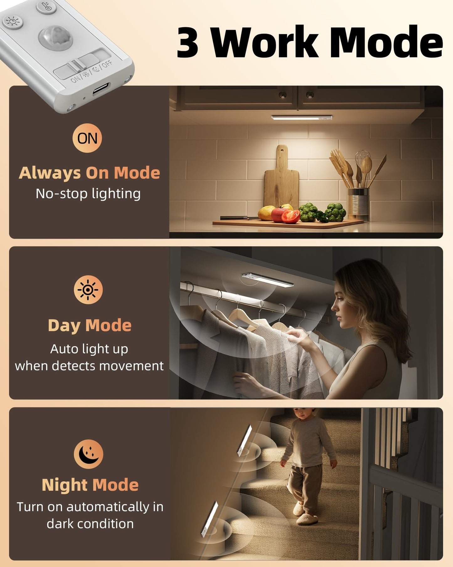 EZVALO 8" Under Cabinet Lighting, 2400mAh Rechargeable Motion Sensor Light Indoor, Mini & Slim Design, 3 Color Temps, Dimmable Magnetic Wireless Closet Lights for Kitchen, Pantry, Stairs (2 Pack)