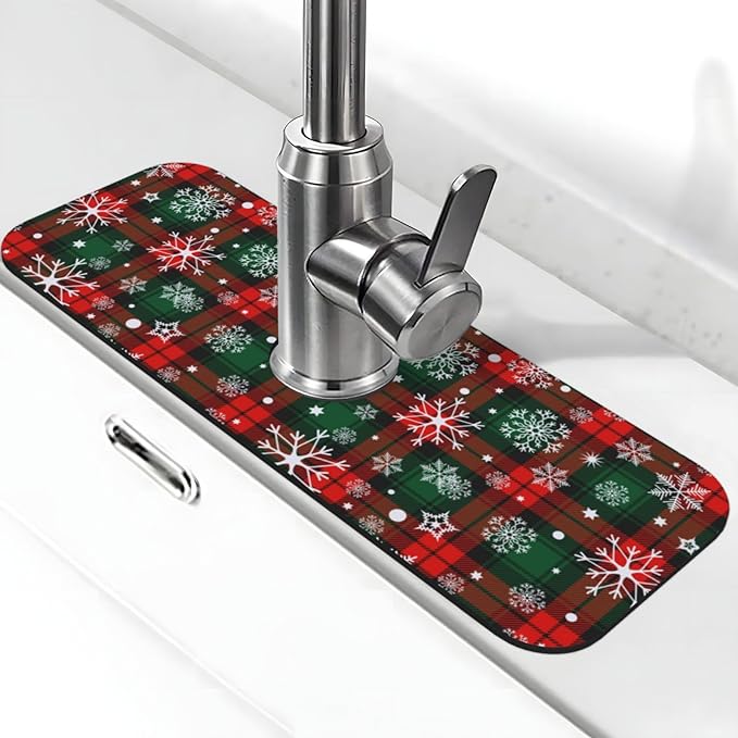 Merry Christmas Snowflakes Red Green Lattice Plaid Kitchen Sink Splash Guard