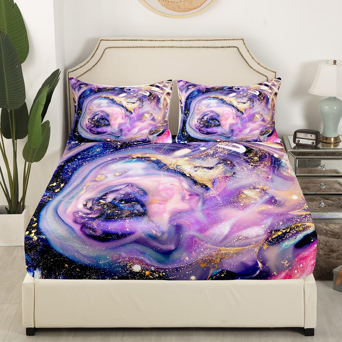 Feelyou Full Size Marble Bed Sheet Set Purple Gold Marble Printed Bed Sheets Modern Marble Pattern Bedding Set for Kids Women Adults Super Soft Luxury Lightweight Fitted Sheet Abstract Art Sheet Set