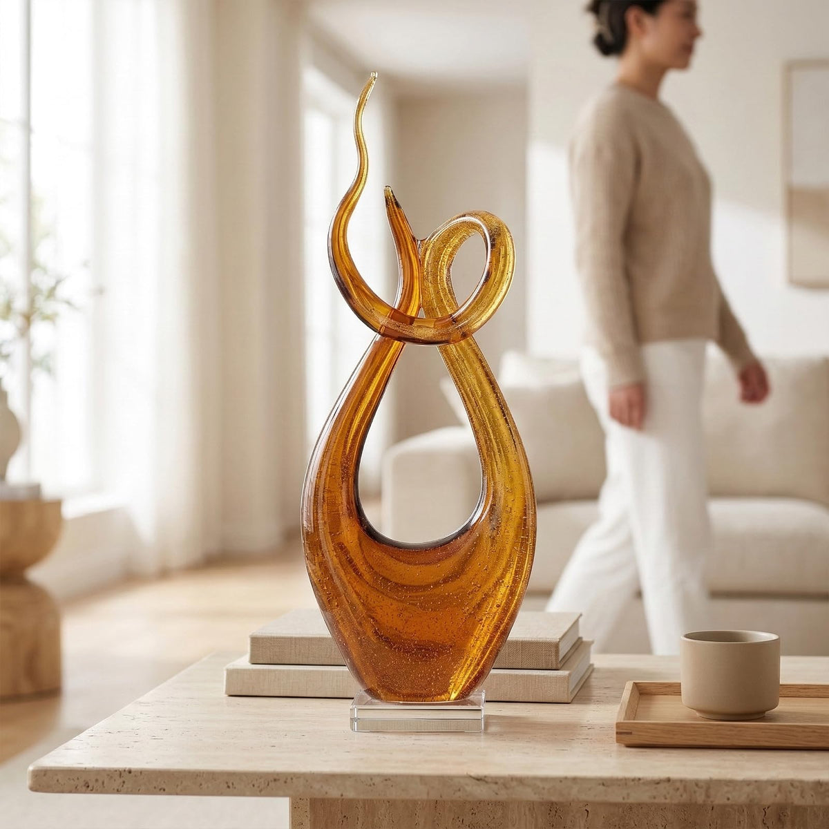 LCCCK 21.7in Tall Abstract Glass Sculpture Knot Spiral Statue, Amber Hand Blown Glass Art Decor for Home Living Room Bedroom Shelf Mantel Tabletop Display Decorative Figurine