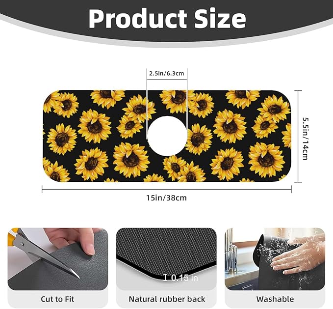 Sunflowers Black Vintage Paingting Kitchen Sink Splash Guard Faucet Mat 1 Pcs