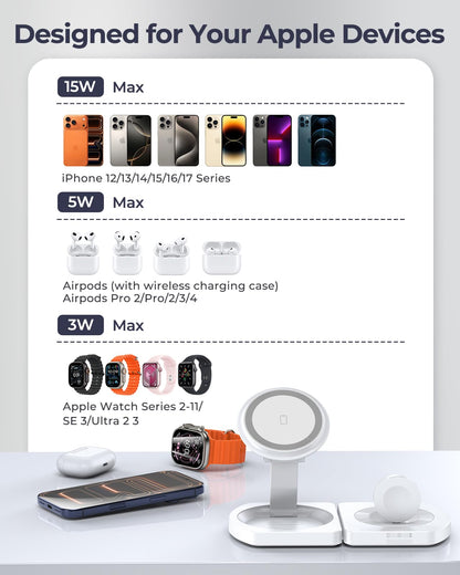 EGV Wireless Charger for iPhone, 3-in-1 Magnetic Charging Station for Apple, MagSafe Charger Stand for iPhone 17 Air 16 15 14 13 12 Series, Airpods Pro, Apple Watch Ultra, Foldable, No Adapter, White