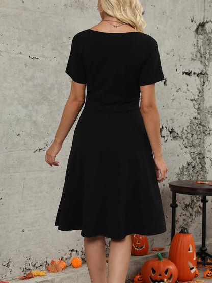 Halloween Dresses for Women Vintage Peter Pan Collar Work Elegant Fit and Flare Knee Length A Line Casual Party Dress with Pockets 978 (Black White, XL)