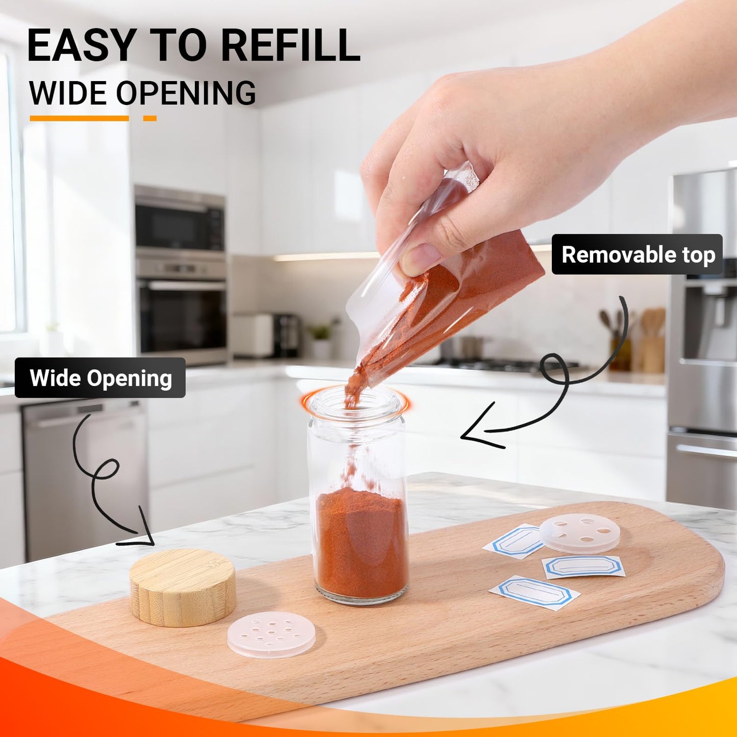 Segarty 3oz Round Spice Containers with Bamboo Shaker Lids, 3 PCS 90ml Spices Jars, Empty Glass Seasonings Organizers for Condiment Herb Storage, Small Salt and Pepper Shakers with 7 Stickers, 1 Brush