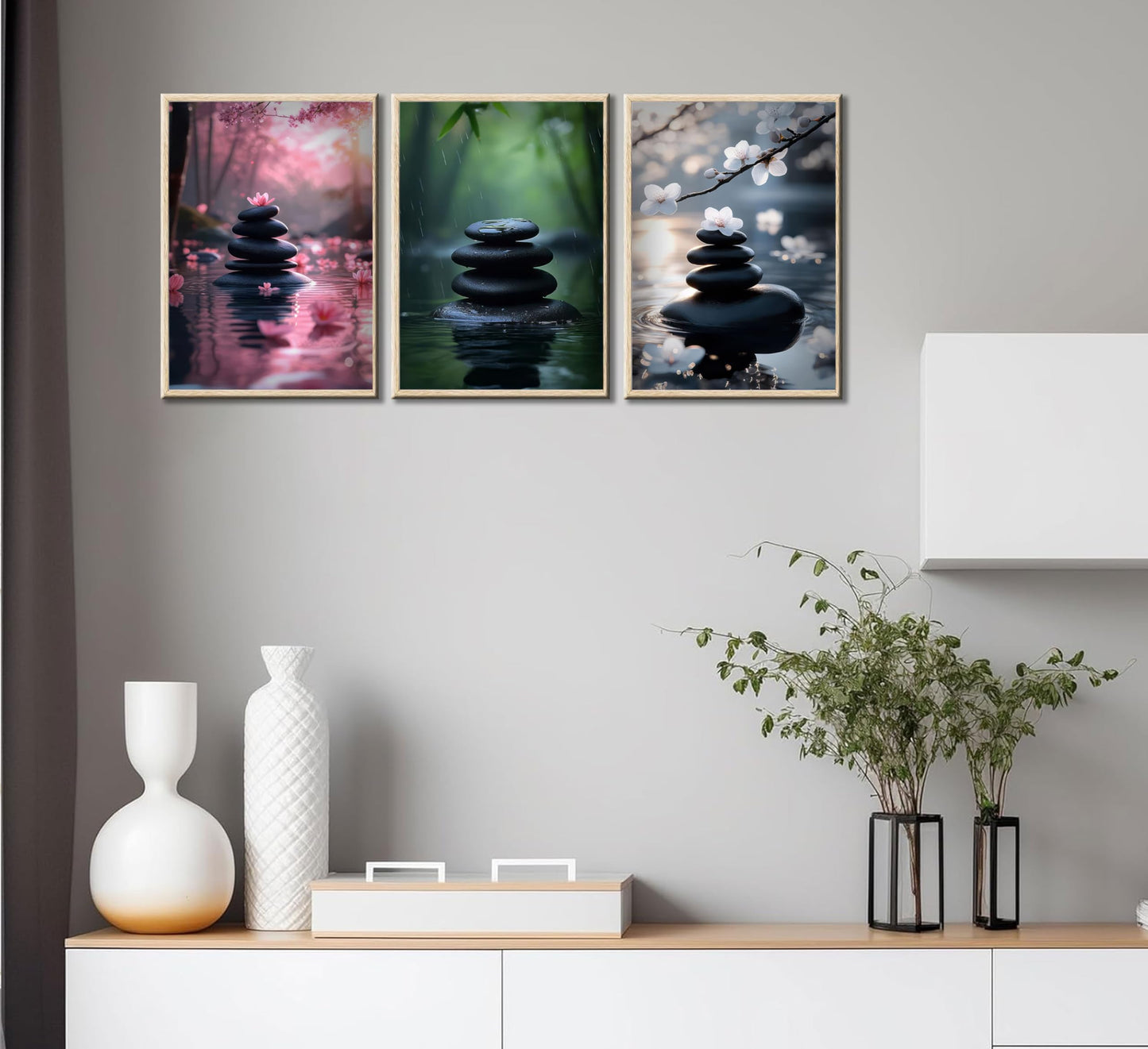INADIKEIN 3pcs Zen Stone Wall Art Modern Zen Bathroom Wall Decor Meditation Spa Stone Poster Green Bamboo Lotus Printed Artwork for Yoga Meditation Spiritual Room Bathroom Unframed