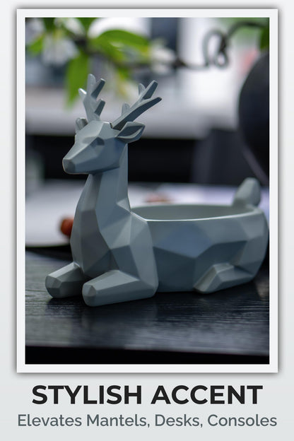 Fuzrea Low-Poly Deer Statue, Gray Resin Deer Candy Bowl & Key Holder, Reindeer Candy Dish Home Decor for Living Room, Office, Dining Table, Shelves, Entryway