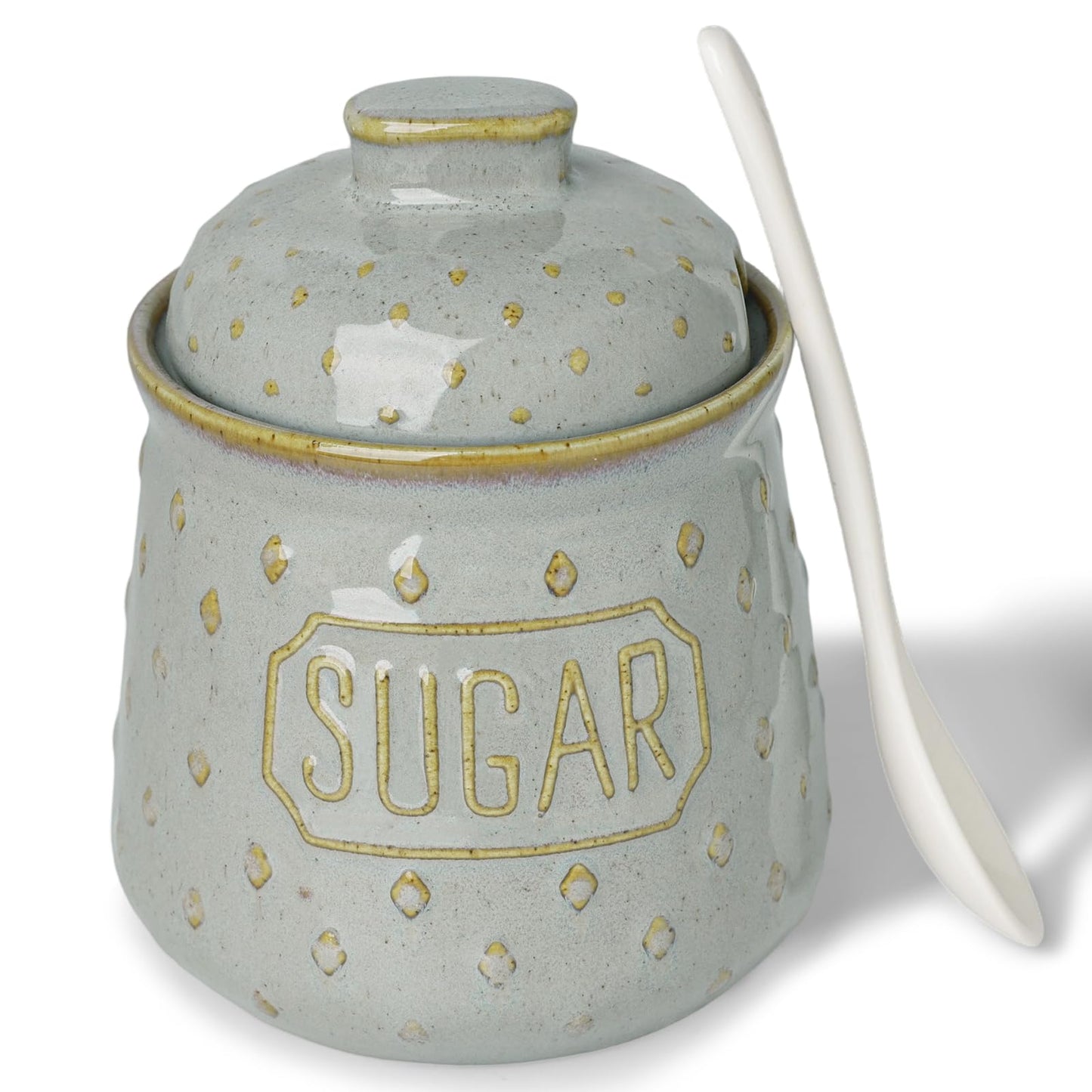 QUXIJA Ceramic Sugar Bowl with Lid and Spoon 10oz, Sugar Container (Vintage Grey)