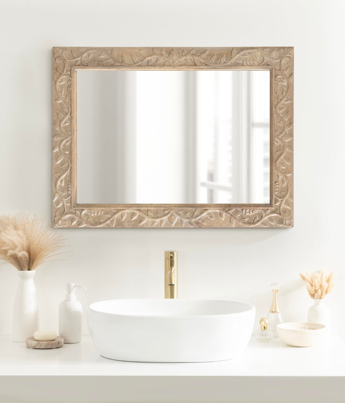 Kate and Laurel Natesa Boho Rectangle Carved Wood Mirror, 24 x 32, Natural Brown, Coastal Light Wooden Rectangular Mirror with Carved Detailing for Use as Bathroom Mirror for Vanity