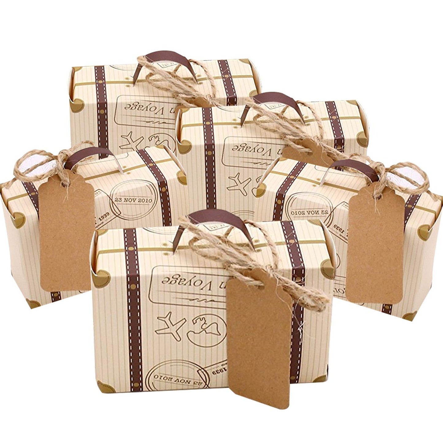 Faylapa 50pcs Suitcase Candy Boxes, Party Favor Candy Box, Vintage Kraft Paper Gift Bag for Travel Theme Party, Wedding, Birthday, Bridal Shower