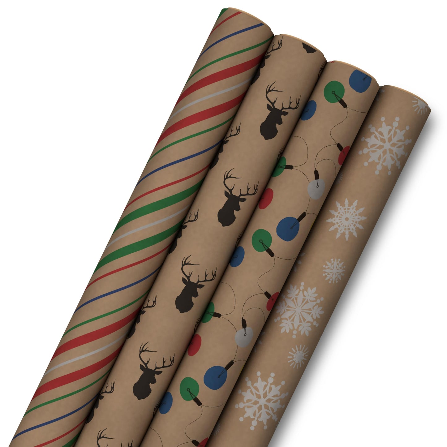 Hallmark Recyclable Christmas Wrapping Paper for Kids with Cut Lines on Reverse (4 Rolls: 88 sq. ft. ttl) Kraft Brown with Christmas Lights, Deer, Snowflakes, Red, Green, Blue Stripes (0005JXW1212)