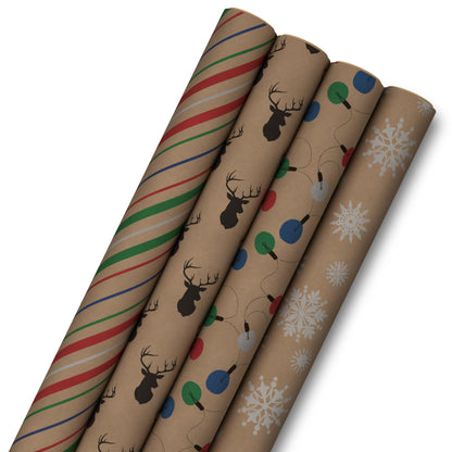Hallmark Recyclable Christmas Wrapping Paper for Kids with Cut Lines on Reverse (4 Rolls: 88 sq. ft. ttl) Kraft Brown with Christmas Lights, Deer, Snowflakes, Red, Green, Blue Stripes (0005JXW1212)