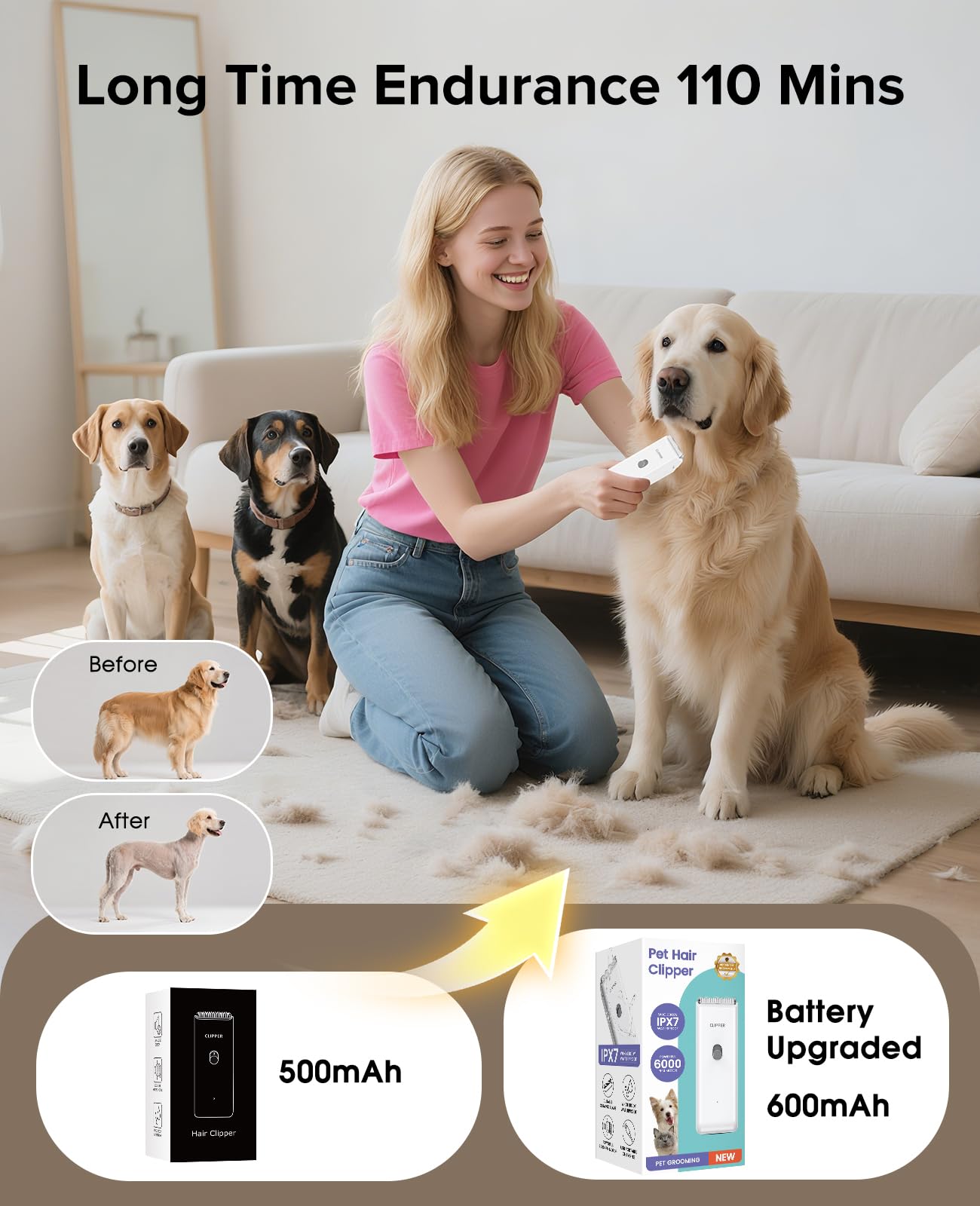 Marvljojo Upgrade Home Professional Dog Grooming Kit Clipper for Matted & Long Hair, Cordless Pet Shaver Low Noise USB Rechargeable for Cats, Small&Medium Dogs, Handy Pet Hair Grooming Trimmer, White