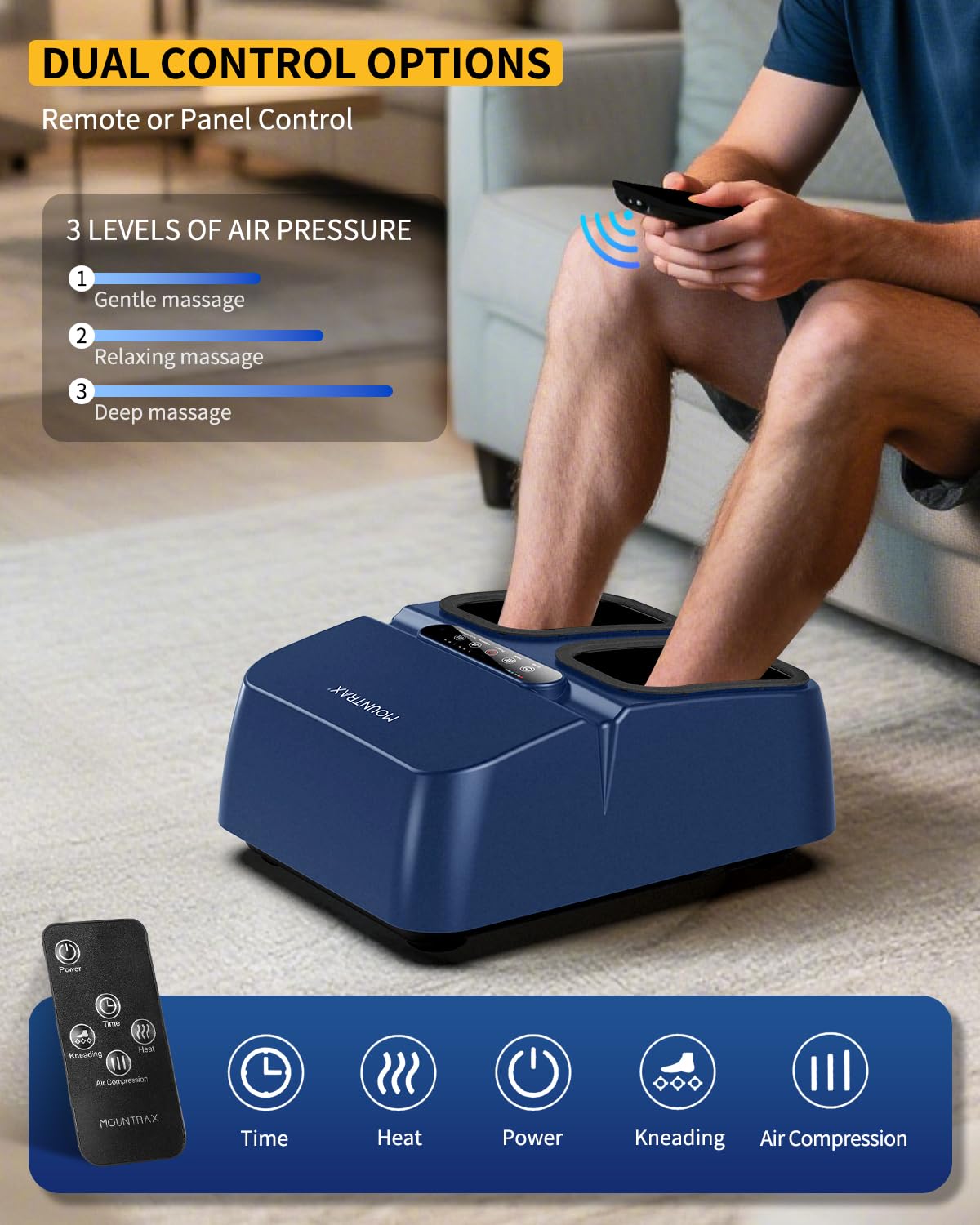 MOUNTRAX Foot Massager Machine with Heat, Foot Massager for Plantar Fasciitis, Neuropathy Pain, Shiatsu Foot Massager with Remote, Fits Feet Up to Men Size 12 (Black)