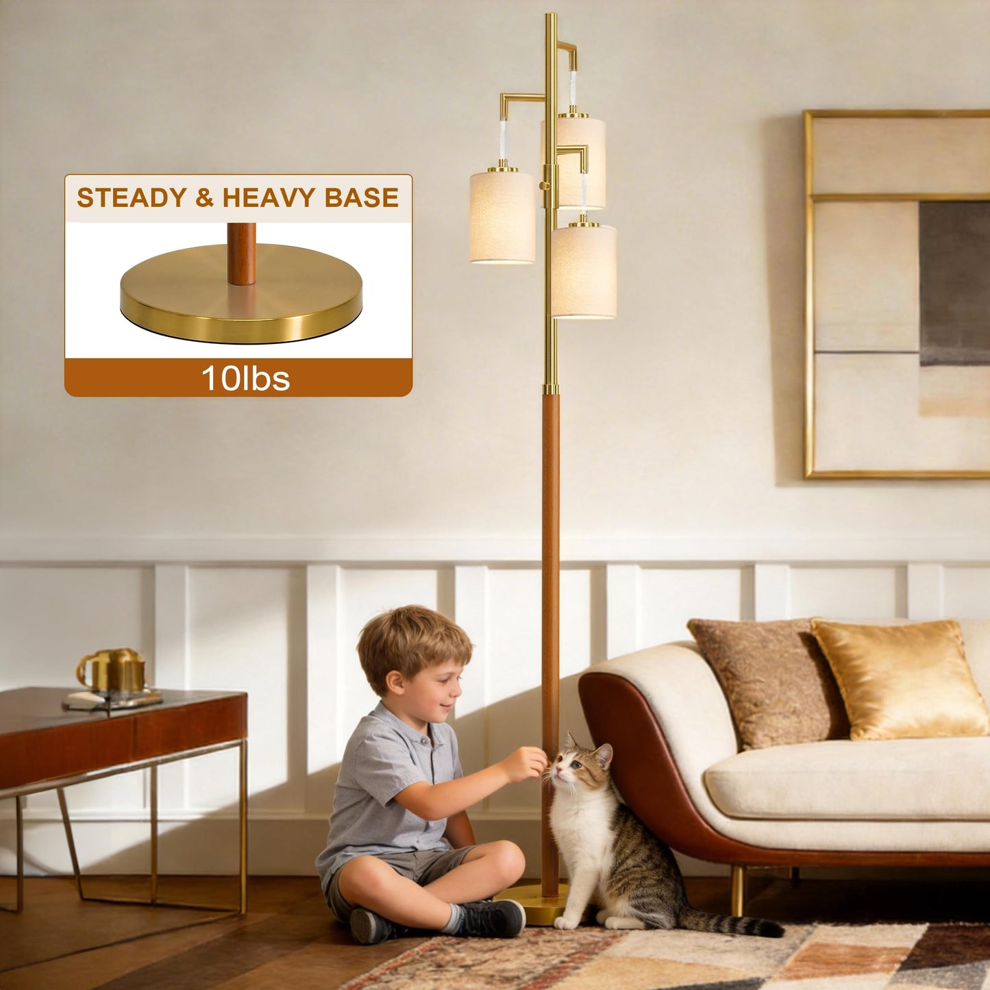 G-SAFAVA 70" Wood Floor Lamp Dimmable Floor Lamps for Living Room Bedroom Mid Century Modern Floor Lamp Gold Standing Lamp Tall Lamps for Office Nursery Reading Elegant Stand Up Lamp, 3 Bulbs Included