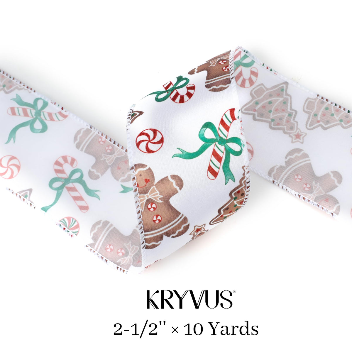 Kryvus Christmas Wired Ribbon, 2.5 Inch X 10 Yards Gingerbread Candy Canvas Satin Ribbon with Wired Edge, Perfect for Home Wreath DIY Craft Decoration Supplies Gift Wrapping