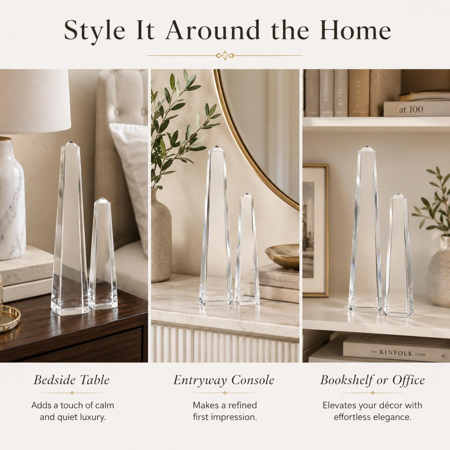 Novabright Crystal Obelisk Towers - 2 Pcs 9.25 Inch & 6.18 Inch Optical Crystal Decoration Set, Ideal for Farmhouse, Modern, and Home Decor for Mantel, Vanity, Side Table, Shelf, and Office Styling