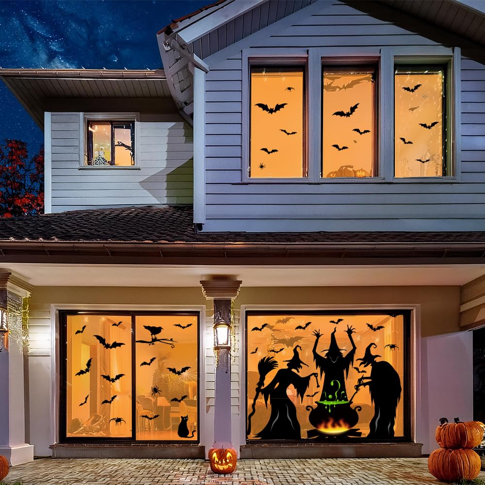 Bunny Chorus Halloween Decorations Window Clings Decor, Extra Large 3 Witches with Black Cat Bat Spider Cauldron Silhouette Halloween Window Stickers Indoor, School Home Office Party Supplies 4 Sheets
