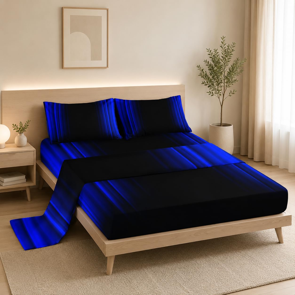 Nttopship Blue and Black 4 Pieces Bed Sheet SetsQUEEN Size Abstract Ombre Bedding Sets with 16" Deep Pockets Abstract Ombre Bedroom Decor,Bedding Set 4 PCS(1 Fitted+1 Flat+2 Pillowcases)