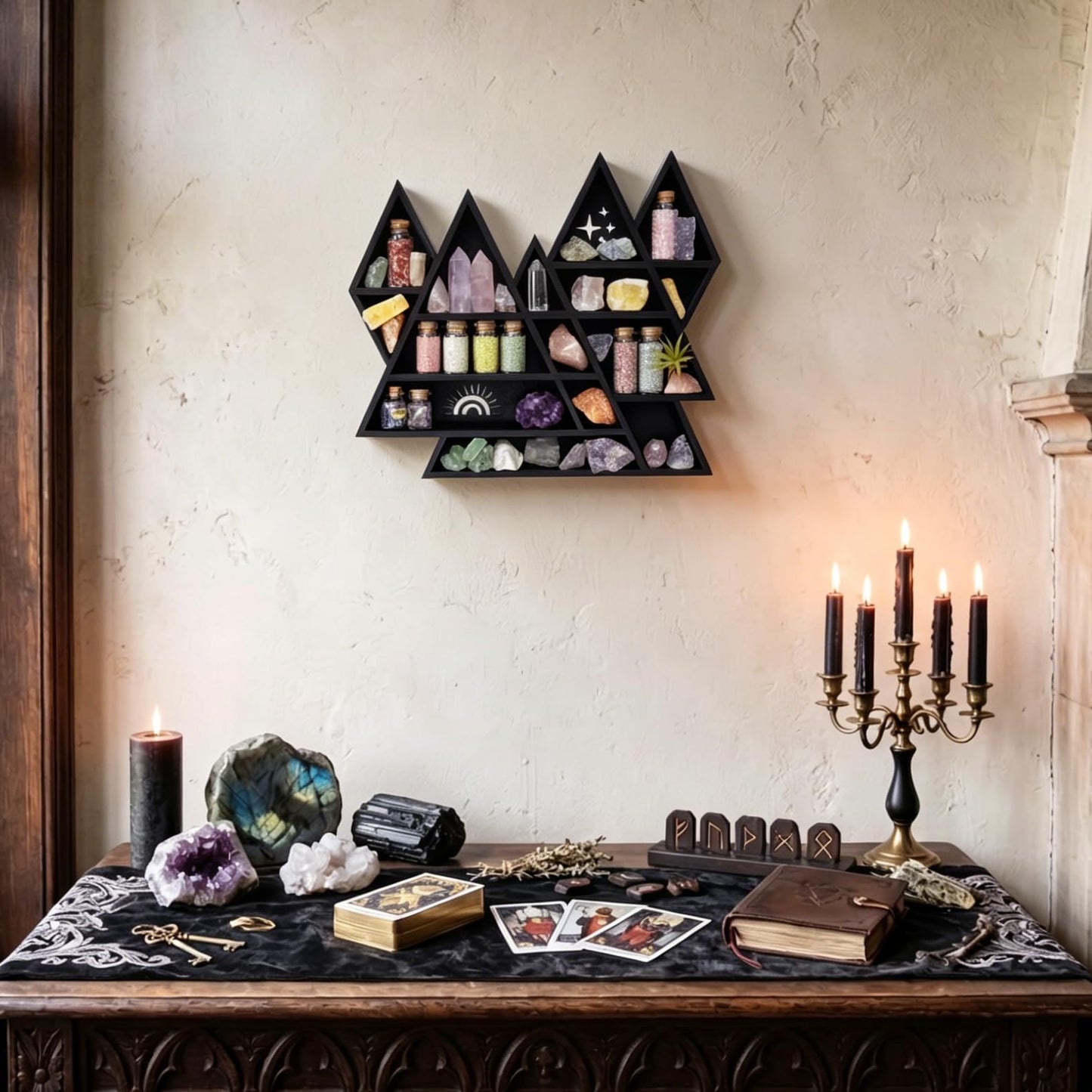 FNYDOX Mountain Crystal Shelf Display for Wall, Wooden Triangle Rock Gem Stone Storage Holder, Meditation Room Decor Spiritual Gift, Wall Hanging Organizer for Trinkets, Knick Knacks, Art Collections