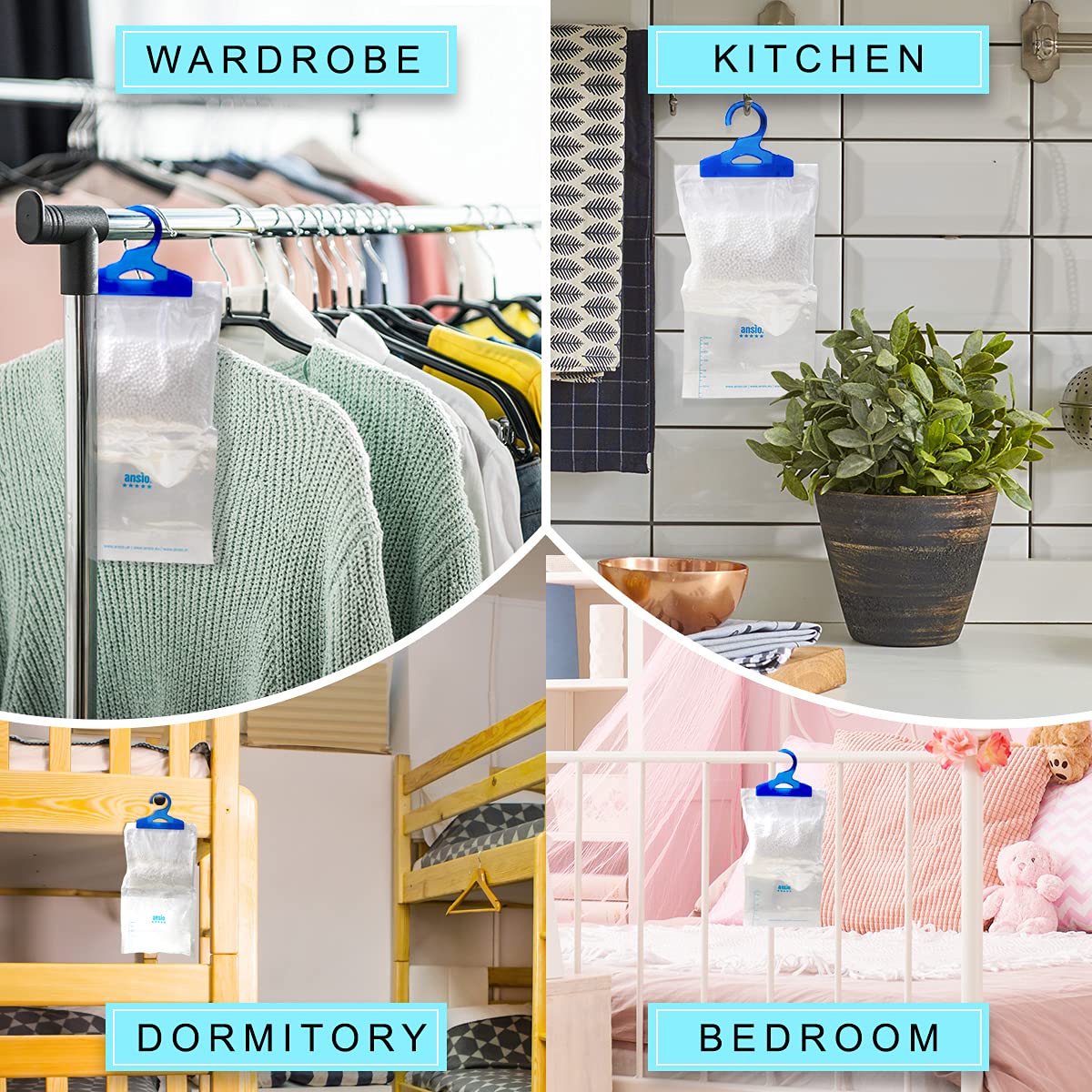 ANSIO Wardrobe Dehumidifier Hanging Bags Pack of 12 Moisture Absorbers, Trap, Condensation, Dehumidifiers for Damp, Mould, Bedroom, Caravan, Bathroom, Basement, Office – 210g Each