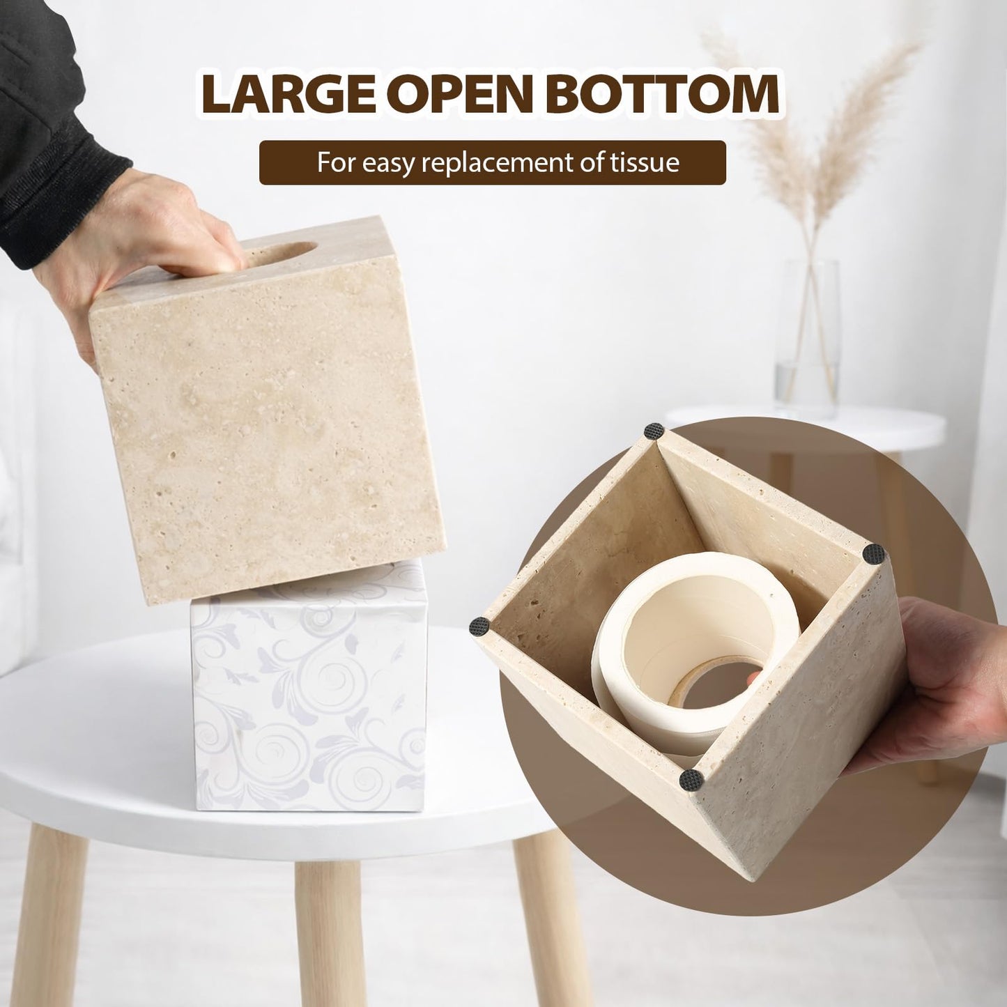 Koville Marble Tissue Box Cover, Heavy Square Tissue Cube Cover Tissue Organizer with Open Bottom for Countertop, Decorative Stone Facial Tissues Boxes Holder for Bathroom Bedroom Kitchen (Beige)
