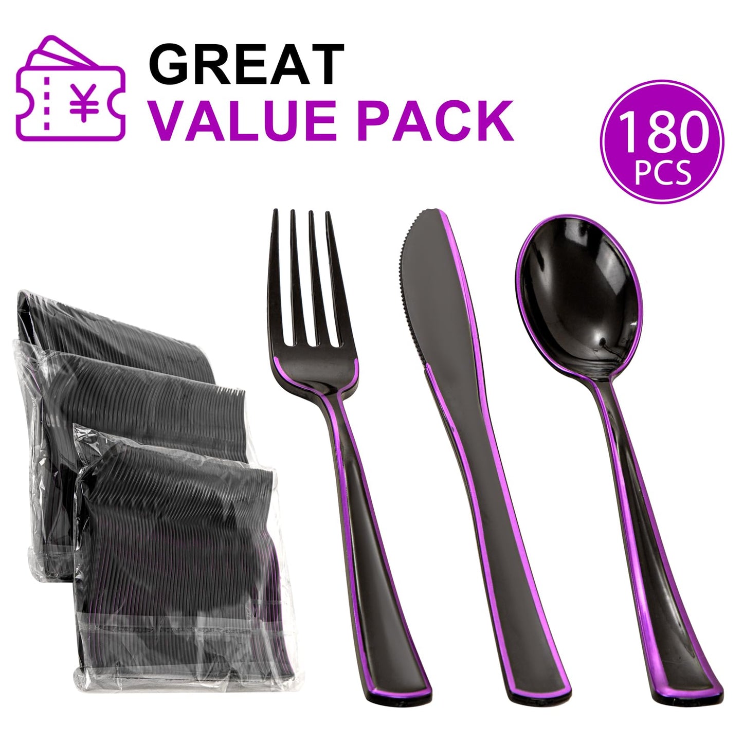 WDF 180 Pieces Black and Purple Halloween Plastic Silverware - Black Flatware Set Include 60 Forks, 60 Knives and 60 Spoons Heavy Duty Plastic Cutlery Purple Utensils for Halloween Party/Birthday