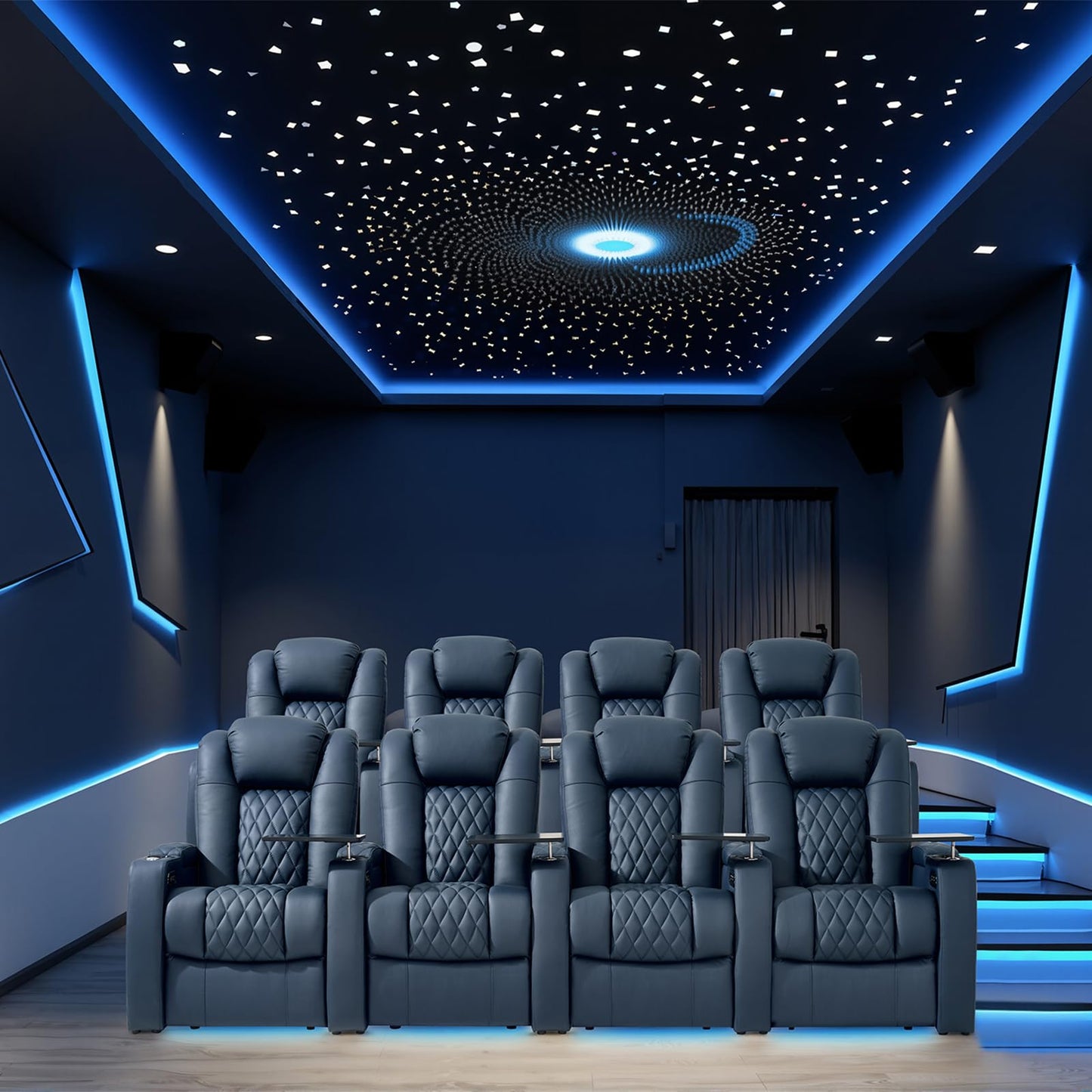 comfiroom Home Theater Seating Classic Series Top Grain Leather Loveseat Recliner Chair Dual Power Movie Theater Chairs Gaming Sofa Electric Headrest with Tray Table (Blue, Row of 4 Loveseat Right)