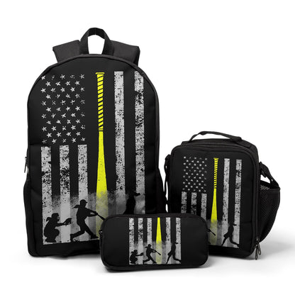 Giwawa Baseball American Flag Backpack Set 3 Pcs Patriotic USA Sporty Lightweight Bookbag Insulated Lunch Box Organizer for Athletes Students Sports Events Study Back to School Day Travel