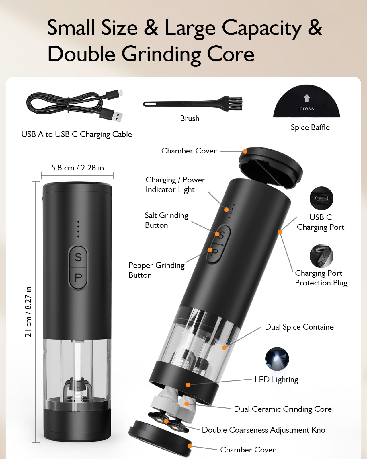 Electric Salt and Pepper Grinder Set, 2 in 1 Dual Bins USB Rechargeable Refillable Automatic Salt and Pepper Mill Shaker with LED Light, Dual Ceramic Grinder Adjustable Coarseness, kitchen gift, Black