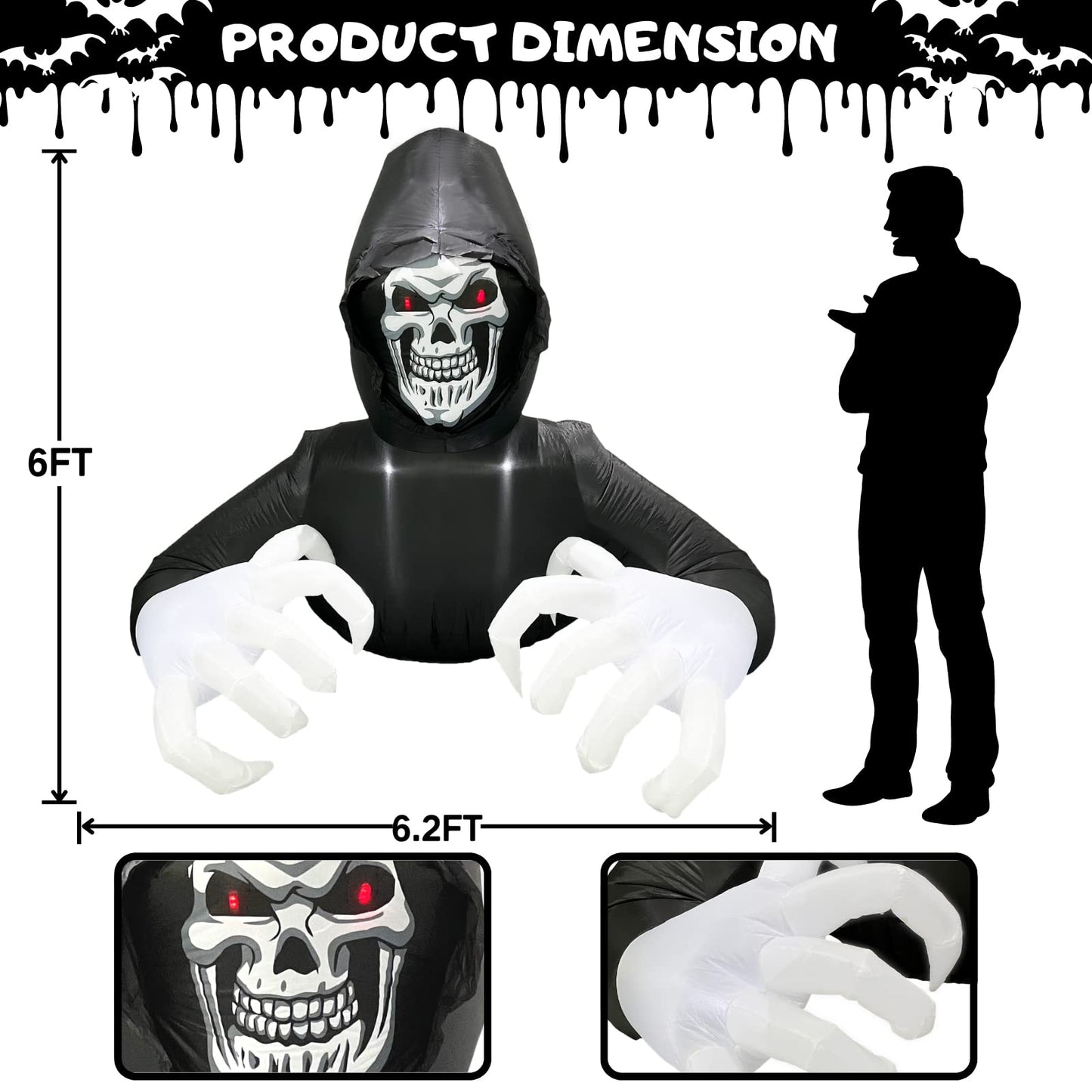 Buheco Inflatable Halloween Decorations Outside Grim Reaper 6FT Giant Scary Blow Up Skeleton Spooky Ghost Outdoor Yard Decor Inflatables Built in LED Lights for Indoor and Lawn Garden Party Holiday