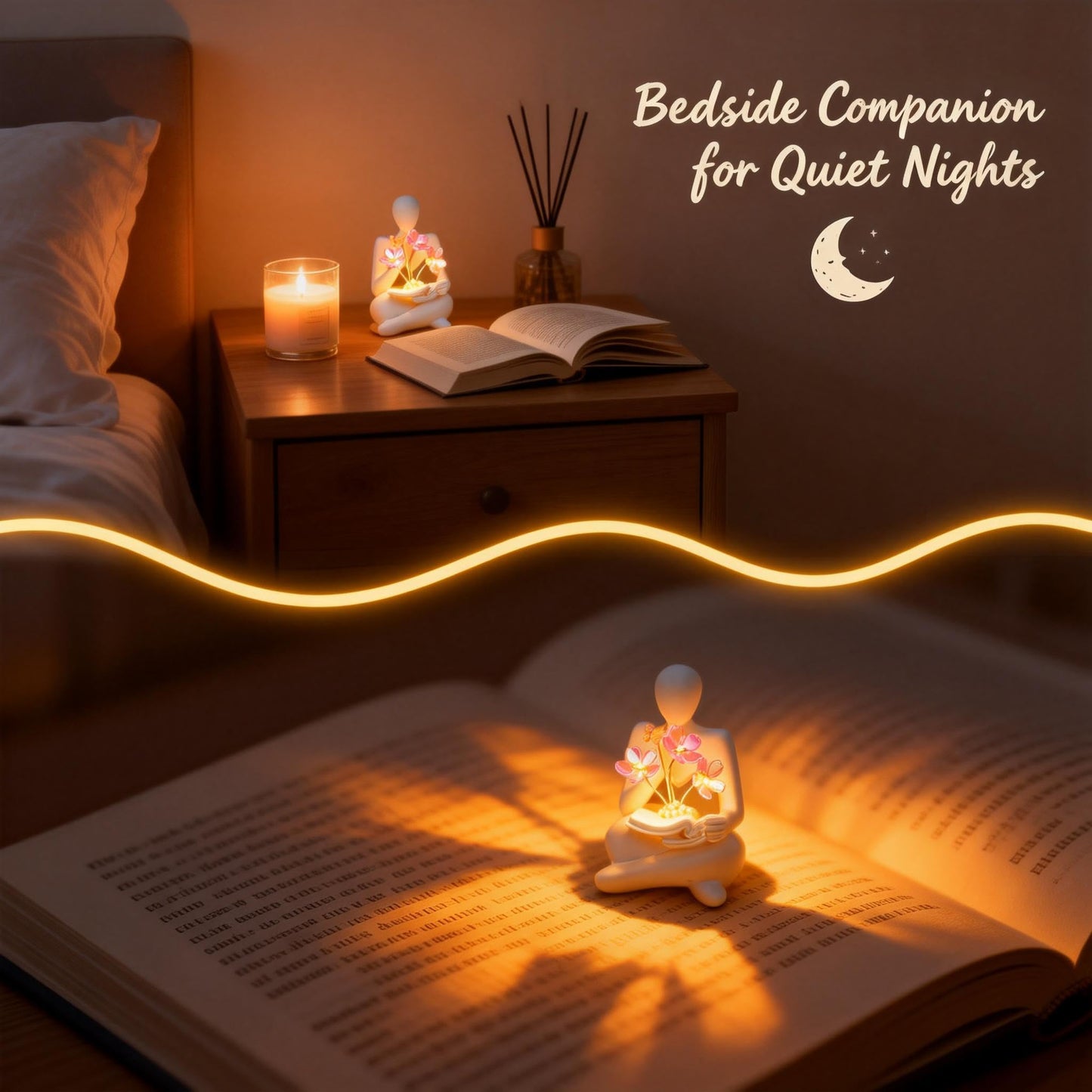 O-FarFarm Bookshelf Decor Thinker Statue with Blossom Lamp - Battery Powered Night Light & Modern Adornos para Sala, Reading Nook Lighting - Gift for Adults and Art Collectors