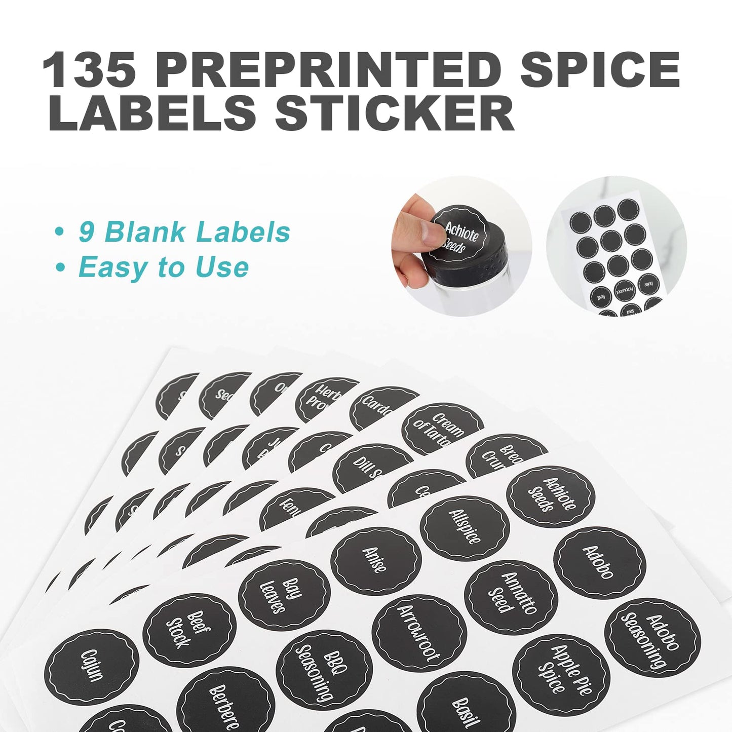 Tianifa Black Countertop Rotating Spice Rack, Round Empty 20-Jars Revolving Spice Rack Organizer, 135 Spice Labels with Funnel Complete Set, for Kitchen Countertop, Cabinet