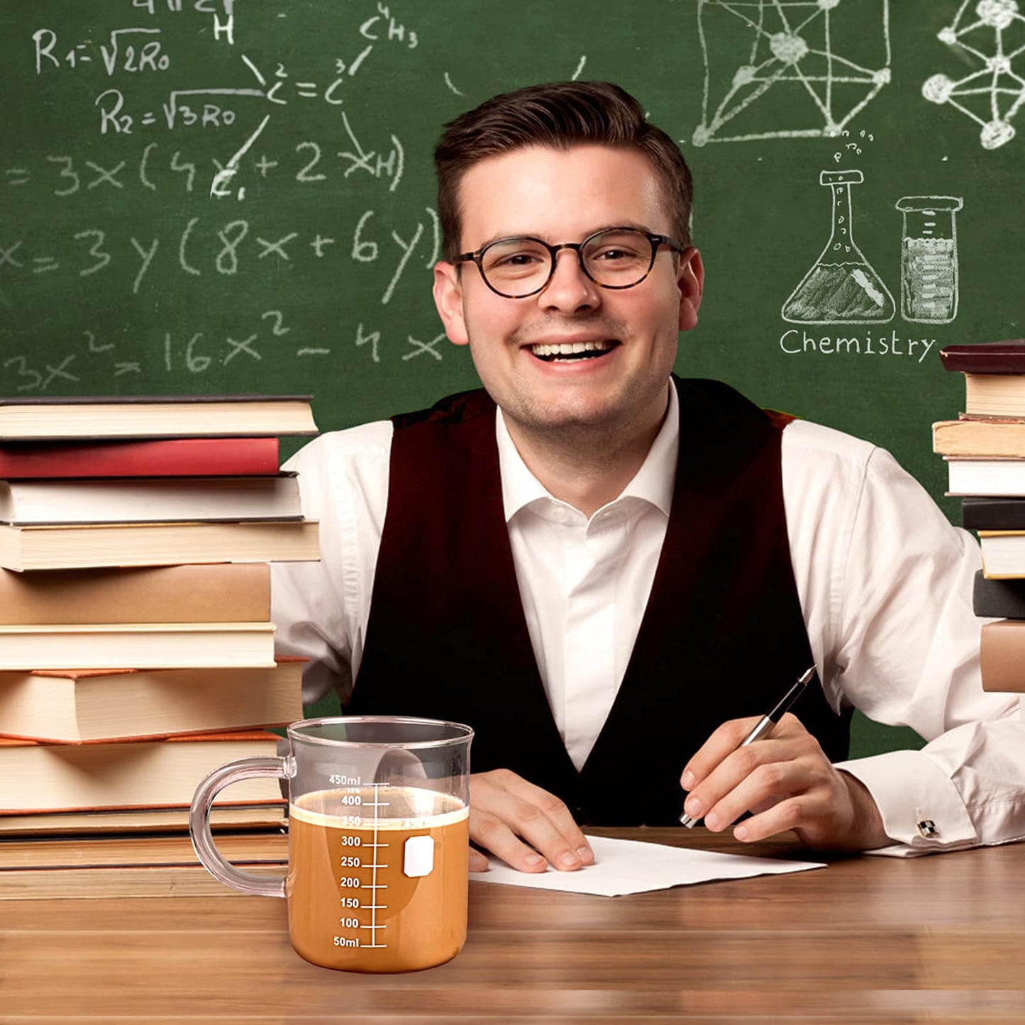 Caffeine Beaker Mug, Chemistry Coffee Mug 16 oz Borosilicate Glass, Measuring Graduated Beaker (450ml)