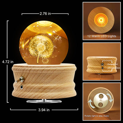 Figermoon 3D Crystal Ball Music Box with Projection LED Light and Rotating Wooden Base, Gift for Birthday, New Year, Christmas, Valentine's Day, Music Boxes for Women Mom Daughter (Dandelion)