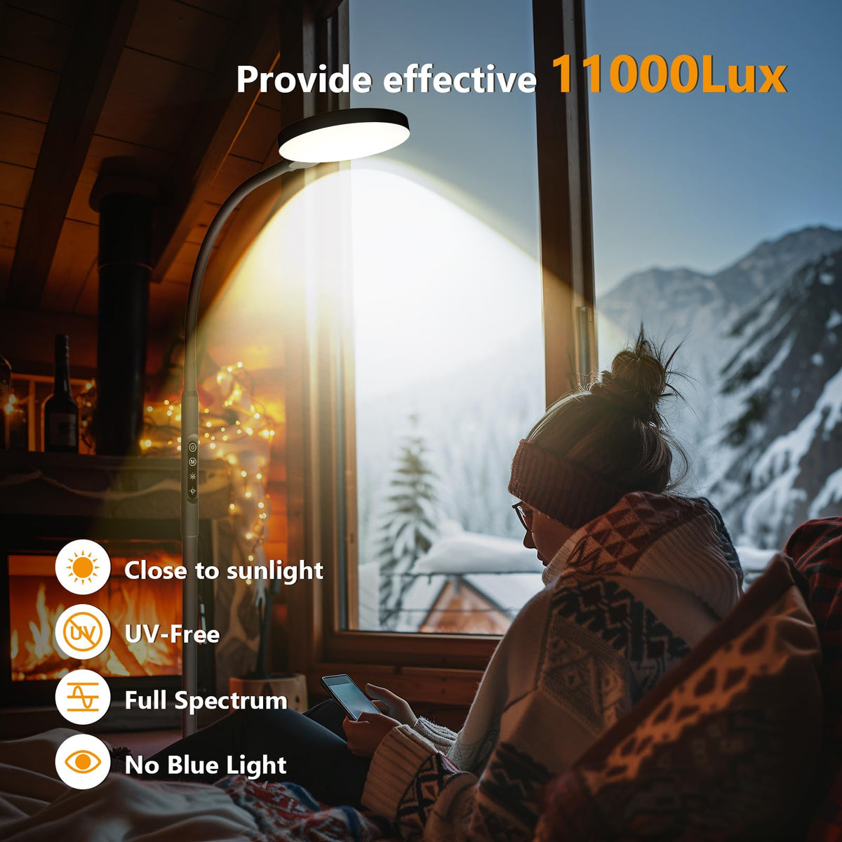 Aulaidik Light Therapy Lamp, 3 in 1 Therapy Floor Lighting, 11000 Lux Full Spectrum Therapy Lamps, UV-Free LED Sunlight, 10 Brightness/5Color/Gooseneck/Height Adjustable with Timer Control, Black