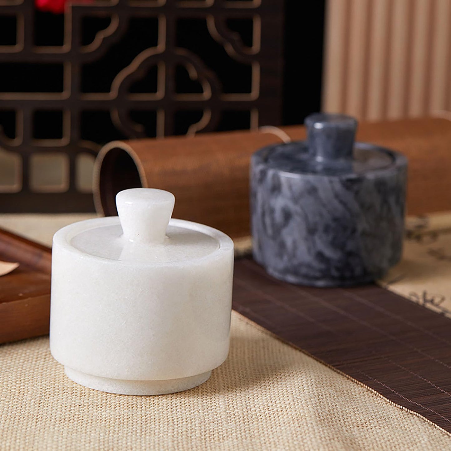 Aturalux Marble Salt Cellar with Lid & Spoon, 3" Black Salt Container for Countertop, Spice Jar, Stone Storage Box for Kitchen and Bathroom