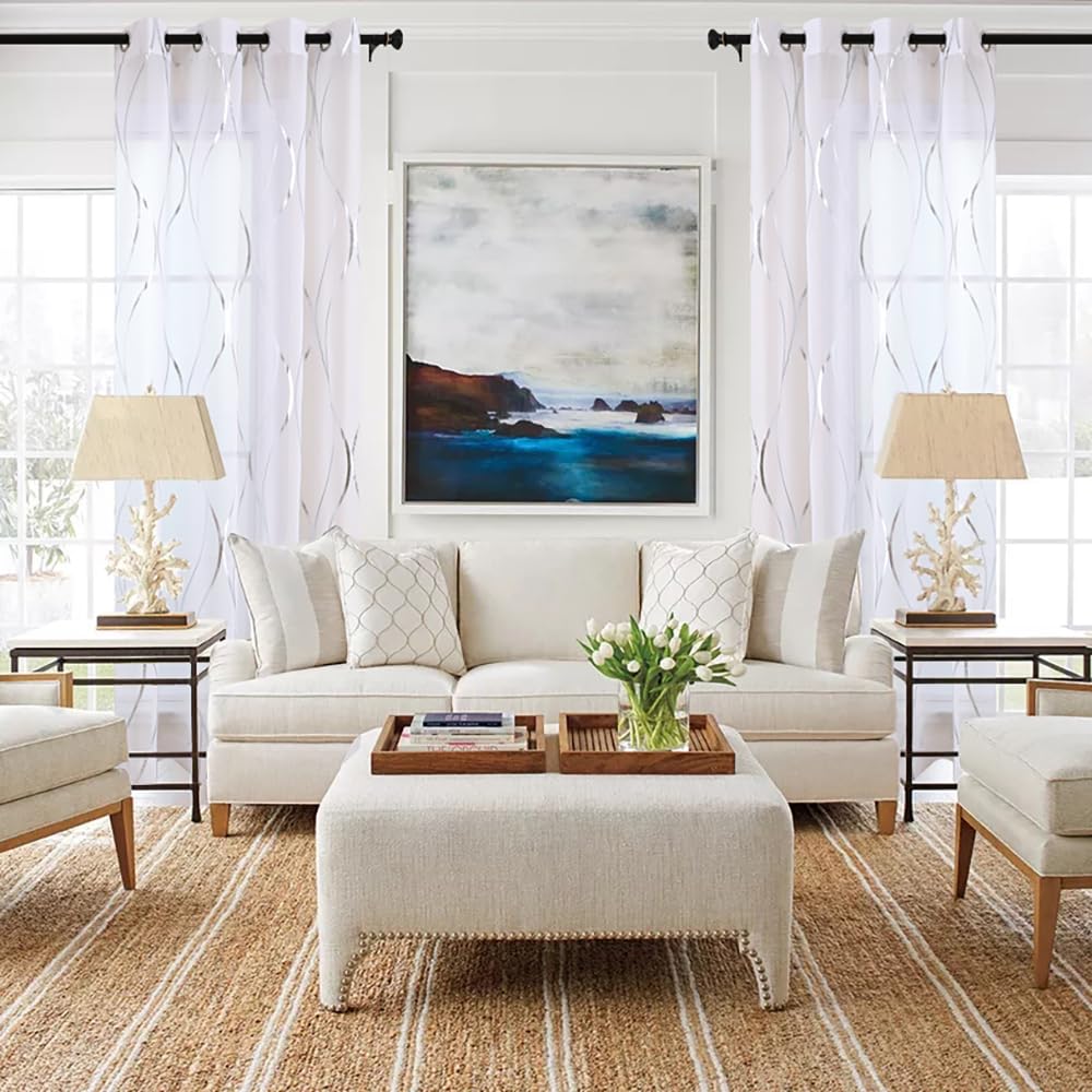 L.Z.E White and Silver Curtains for Living Room, See Through White Sheer Curtains 84 Inches Long 2 Panels Set, Grommet Transparent Window Drapes with Elegant Wave Patterns
