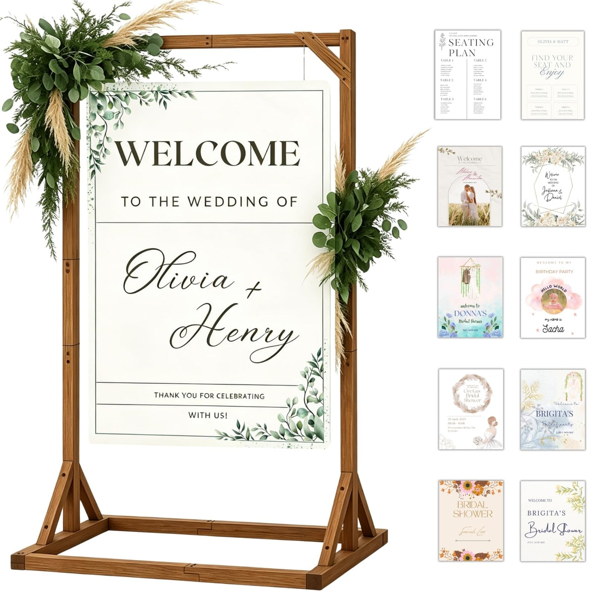 Merrifete Wooden Welcome Sign Stand, Heavy Duty Adjustable Sign Holder Stand Wood Easel w/ Poster Design Templates for Wedding, Bridal Shower, Baby Shower, Birthday Party, 62" x 30" x 20"