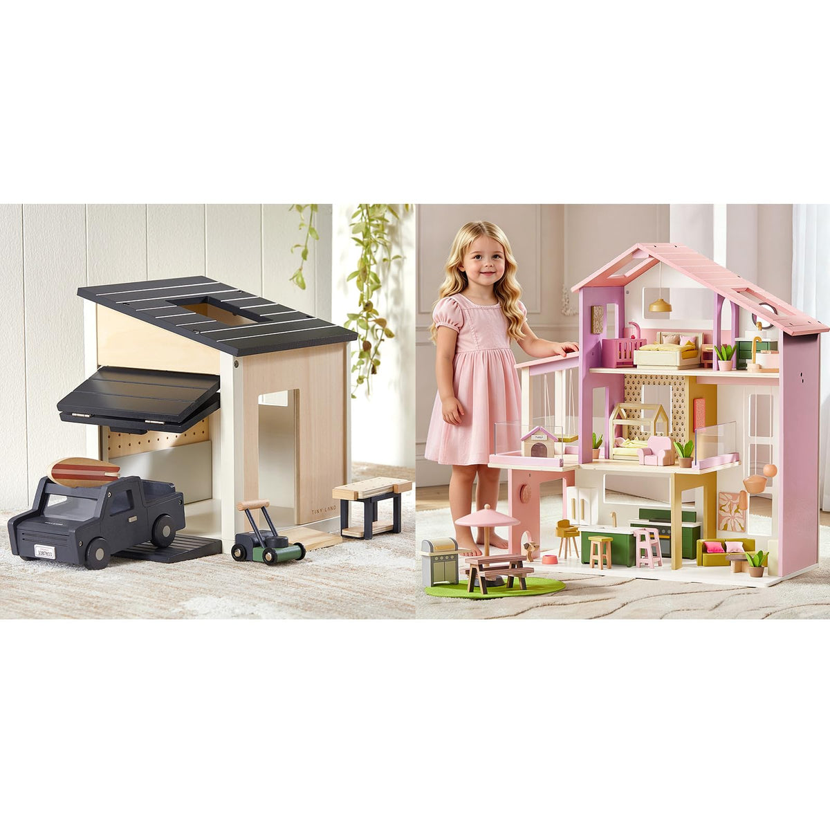 Tiny Land Wooden Dollhouse Garage Set，Wooden Doll House