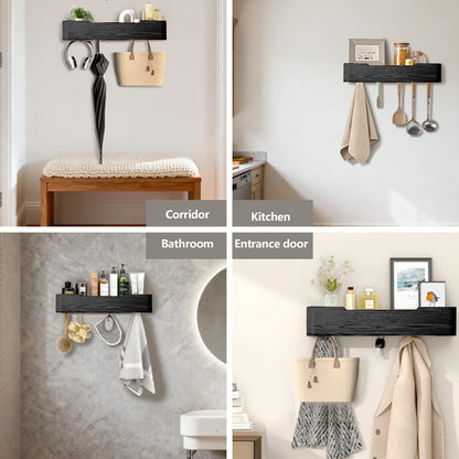 VERASCOT Wall Mounted Coat Rack with Shelf, Wooden Entryway Organizer with Hidden Metal Hooks for Hanging Coats Bags Keys, Modern Floating Shelf for Hallway Bathroom