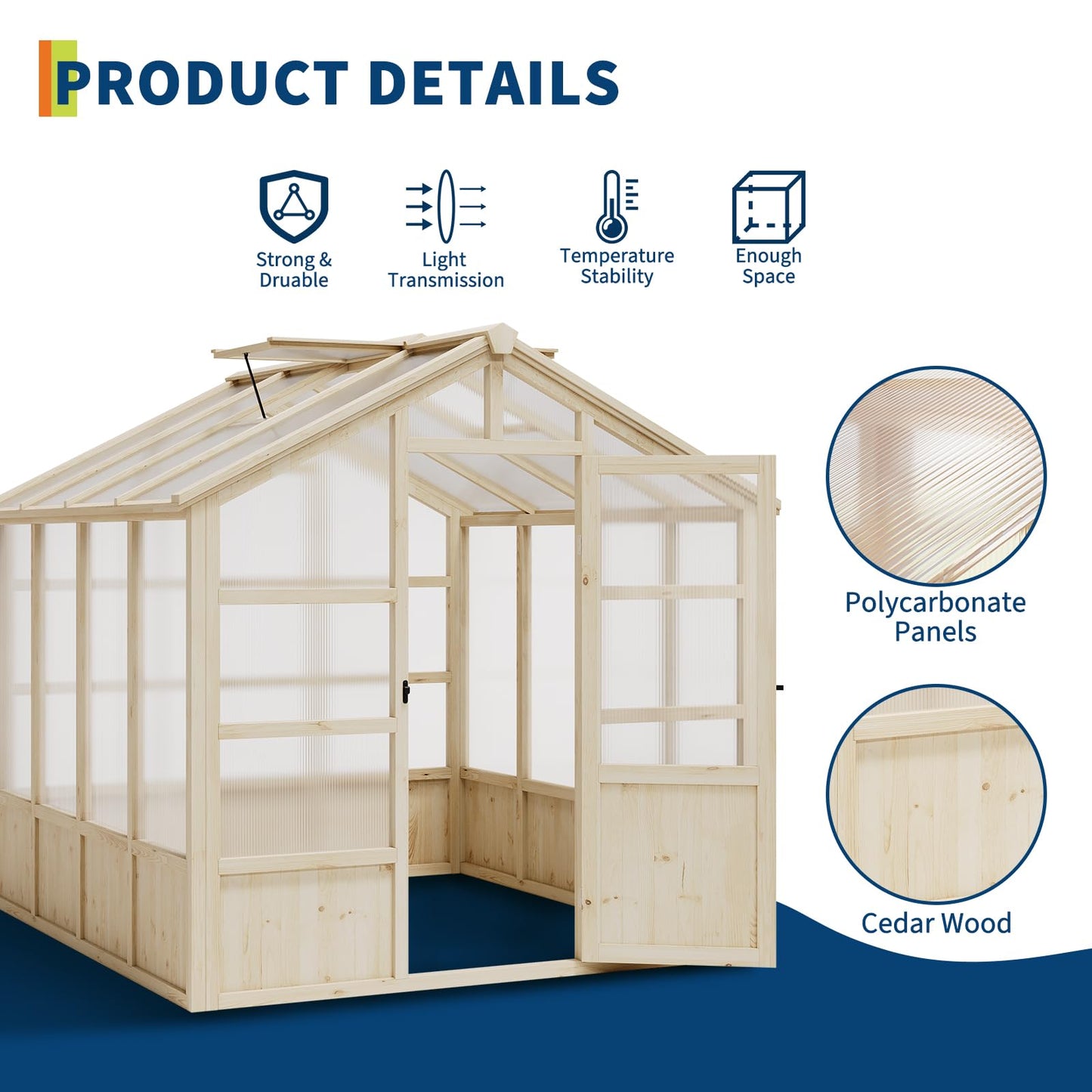 GarveeLife Wooden Greenhouse, 8x8 ft Greenhouses for Outdoors with Lockable Door, Wood Frame & Adjustable Vent, Heavy Duty Greenhouse with Polycarbonate Panel for Outside, Garden, Yard, Light Brown