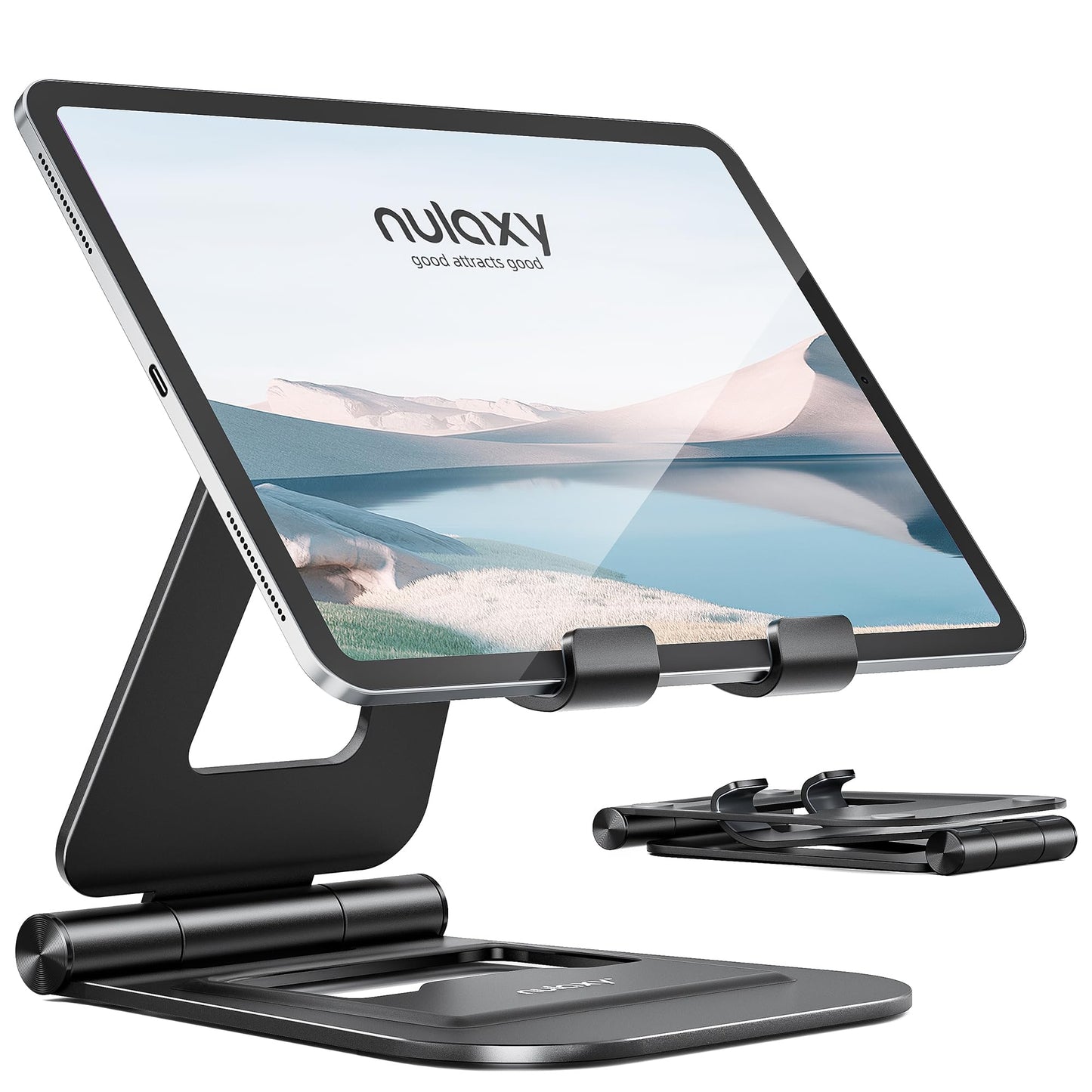Nulaxy Aluminum Tablet Stand, Fully Foldable Adjustable Desktop Tablet Stand Holder, iPad Accessories for Office Compatible with iPad Air 4/Mini/Pro 11/12.9/10.2/9.7, All 4-11'' Mobile Devices, Black