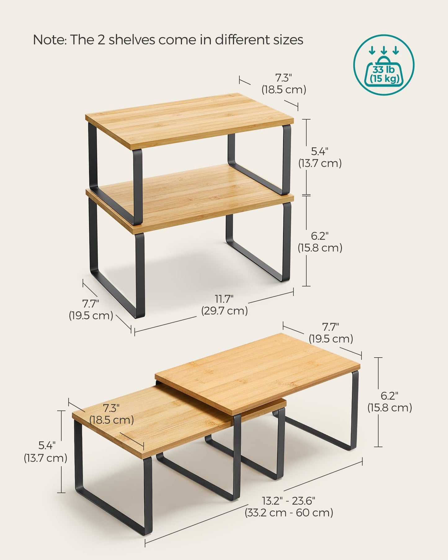 SONGMICS Spice Rack, Set of 2 Cupboard Shelf Organiser, Expandable Kitchen Shelf Organiser, Stackable Spice Holder, Metal and Engineered Wood, Black and Natural KCS02NB