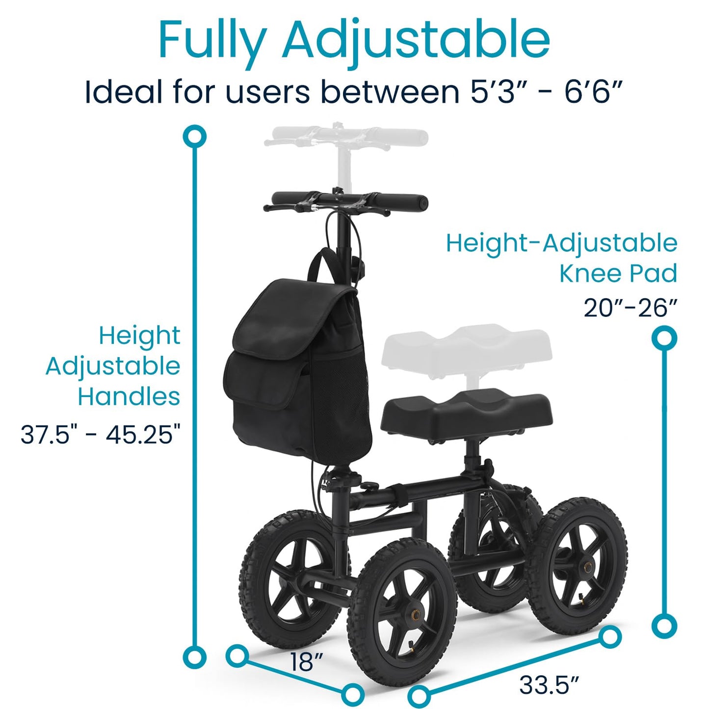 Vive Mobility All Terrain Knee Scooter Walker for Foot Injuries - Adult Broken Leg Crutch Cart Roller for Surgery, Broken Foot, Ankle Injury - Kneeling Rolling Steerable Seated Wheel Scooter Aid