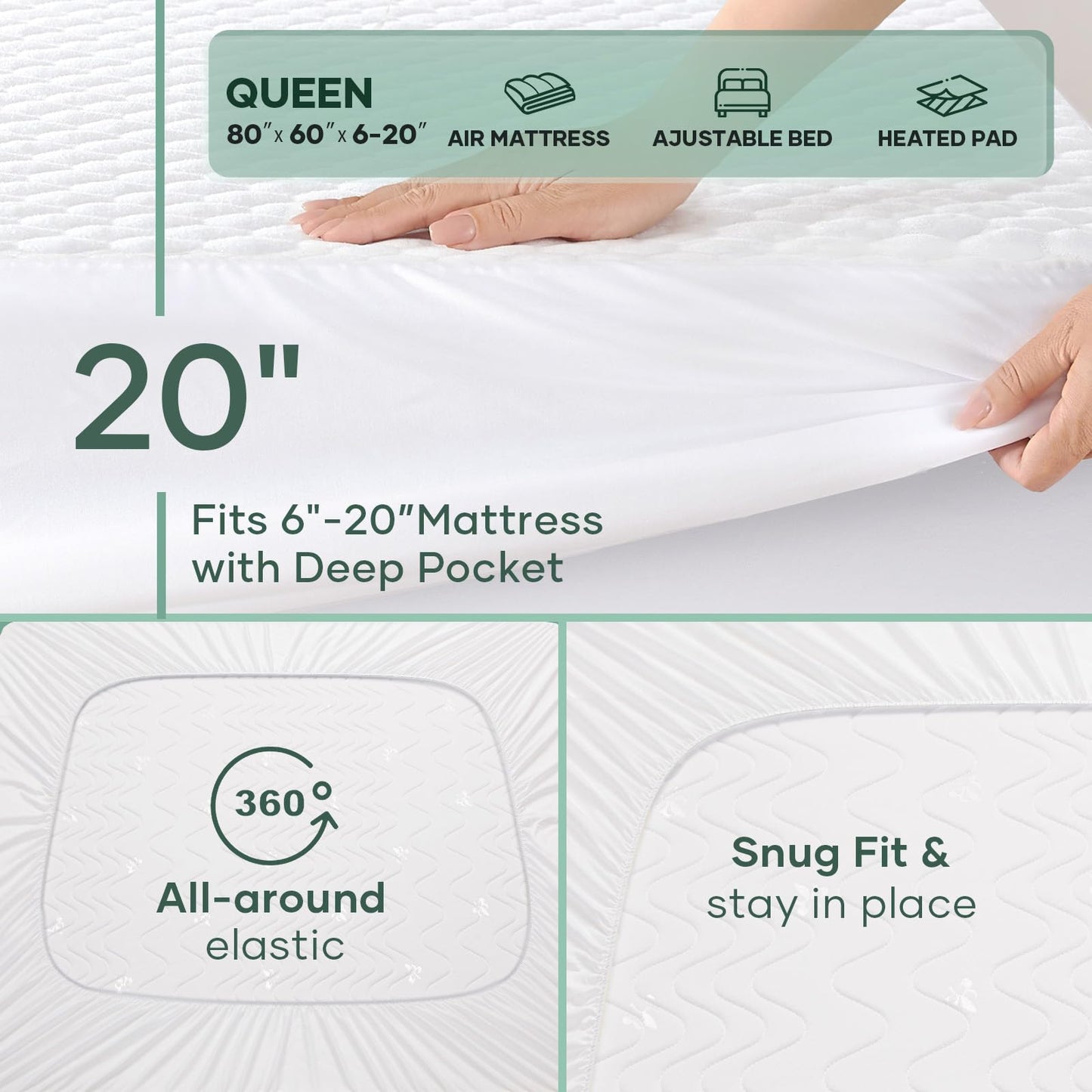 OhGeni 100% Waterproof Queen Size Mattress Protector,Soft Mattress Pad, Cooling Breathable Fitted Sheets,Washable Bed Cover,Non-Slip Deep Pocket,Noiseless for Bedroom