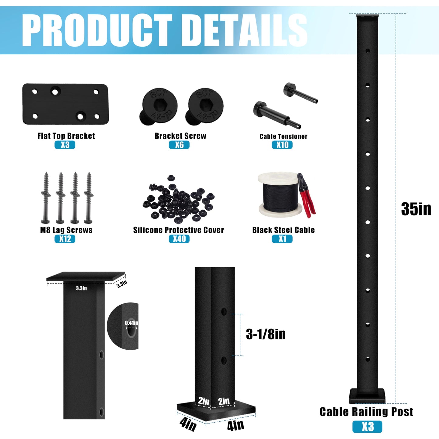 Patavin Complete Set 36" Cable Railing Post Kit, Black Level Drilled Cable Railing Post, Invisible Cable Railing System Kit, 1/8" Stainless Steel Cable, 3Pack Posts with Cable Grommets (No Handrail)