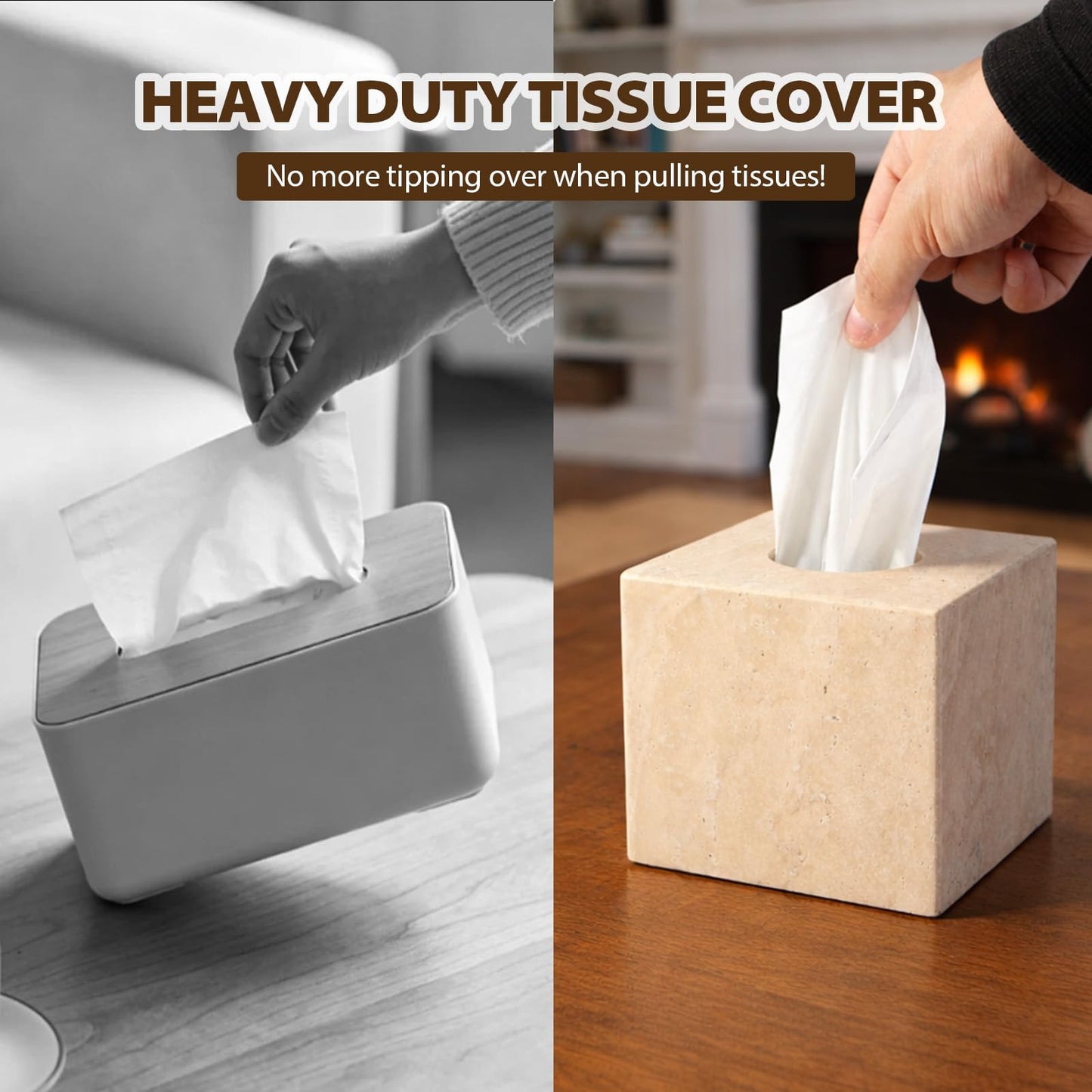 Koville Marble Tissue Box Cover, Heavy Square Tissue Cube Cover Tissue Organizer with Open Bottom for Countertop, Decorative Stone Facial Tissues Boxes Holder for Bathroom Bedroom Kitchen (Beige)