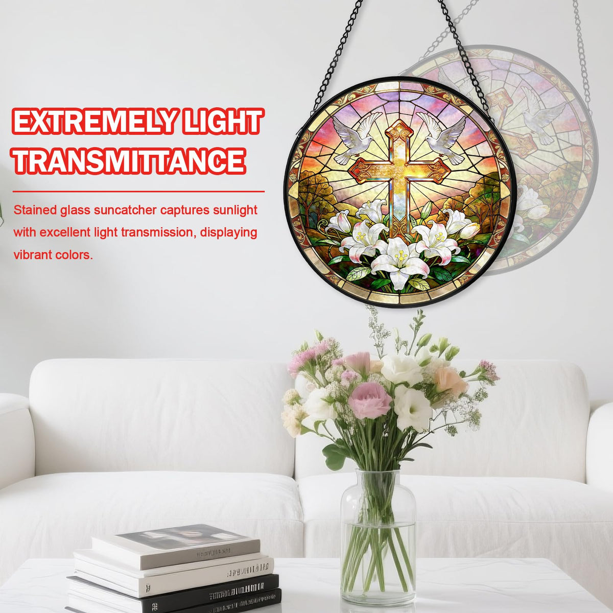Cross Stained Glass Window Hanging, Flower Suncatcher Diamond Glass Panel Hangings, Sun Catchers Indoor Windows Wall Art Decor, Pastor Christian Gift, for Home Office 7.87 inches