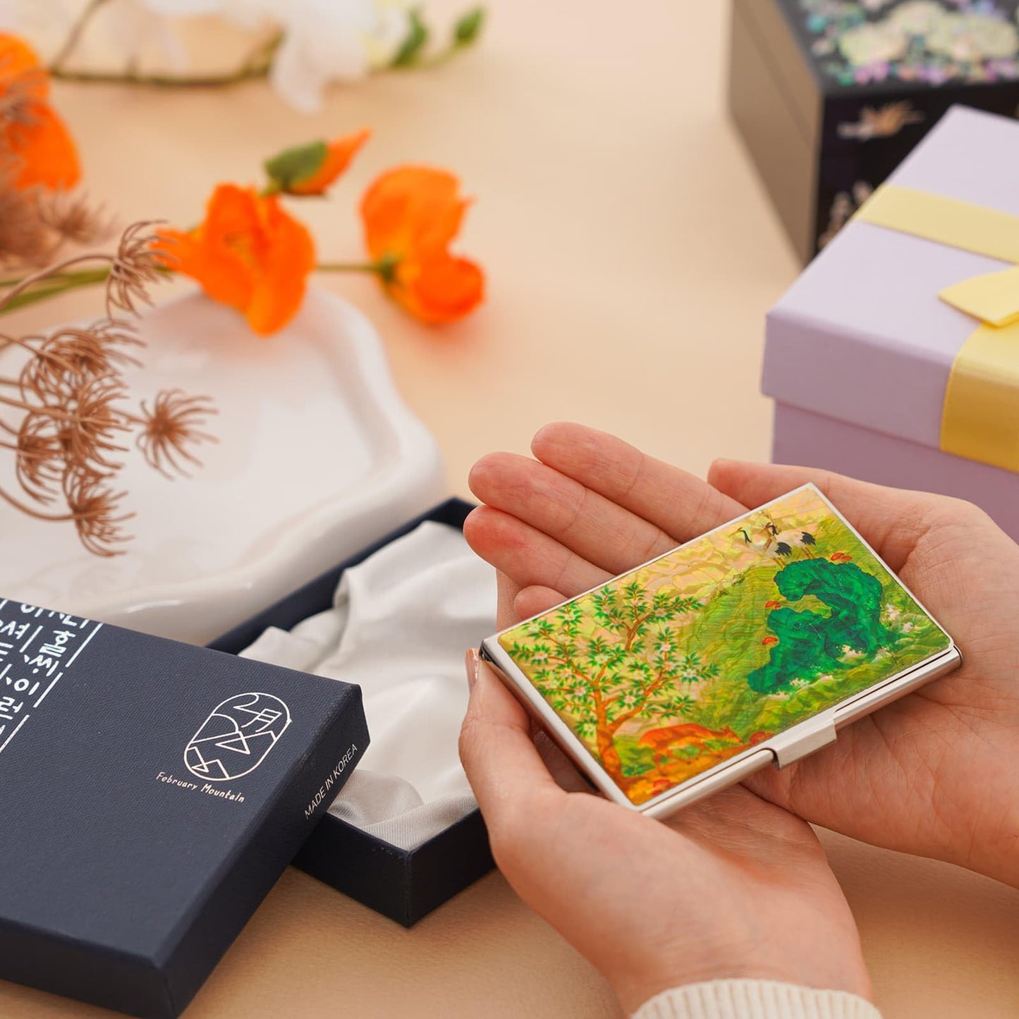 February Mountain Korean Mother-of-Pearl Business Card Holder – Crane & Deer Nature Design | Unique Asian Art Office Gift for Men & Women | Elegant Card Case for Professionals